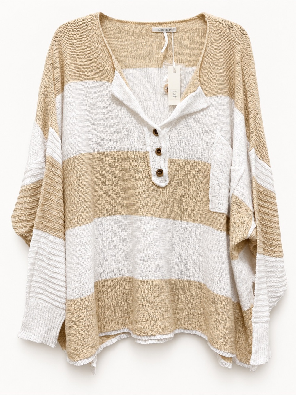 Relaxed V-Neck Striped Sweater in Beige & White